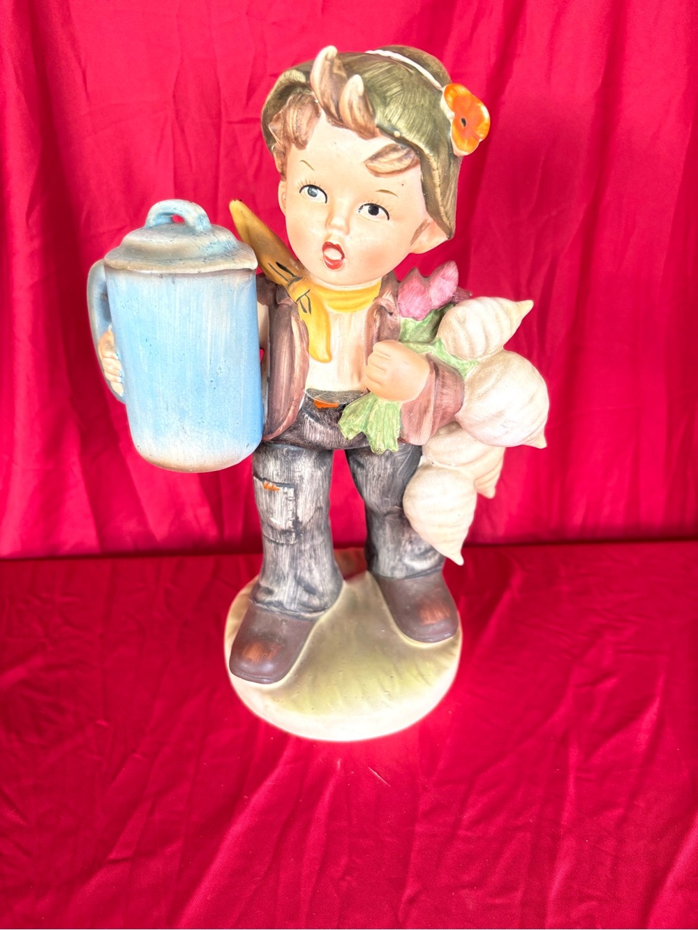 Vintage Boy Figurine Holding Pitcher and Flowers - Multicolor